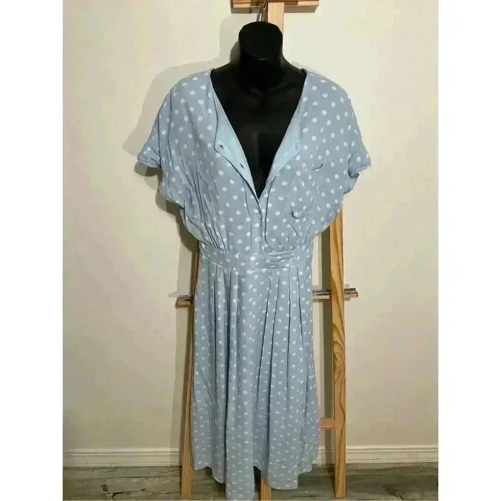 SweetSalt Modest Fashion Polka Dot Maxi Dress Light Blue and White w/pockets Siz